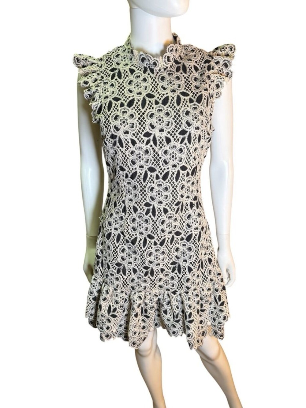 AQUA Womens Mock Neck Flutter Sleeves Mini Dress Black And Natural Floral  S EUC
